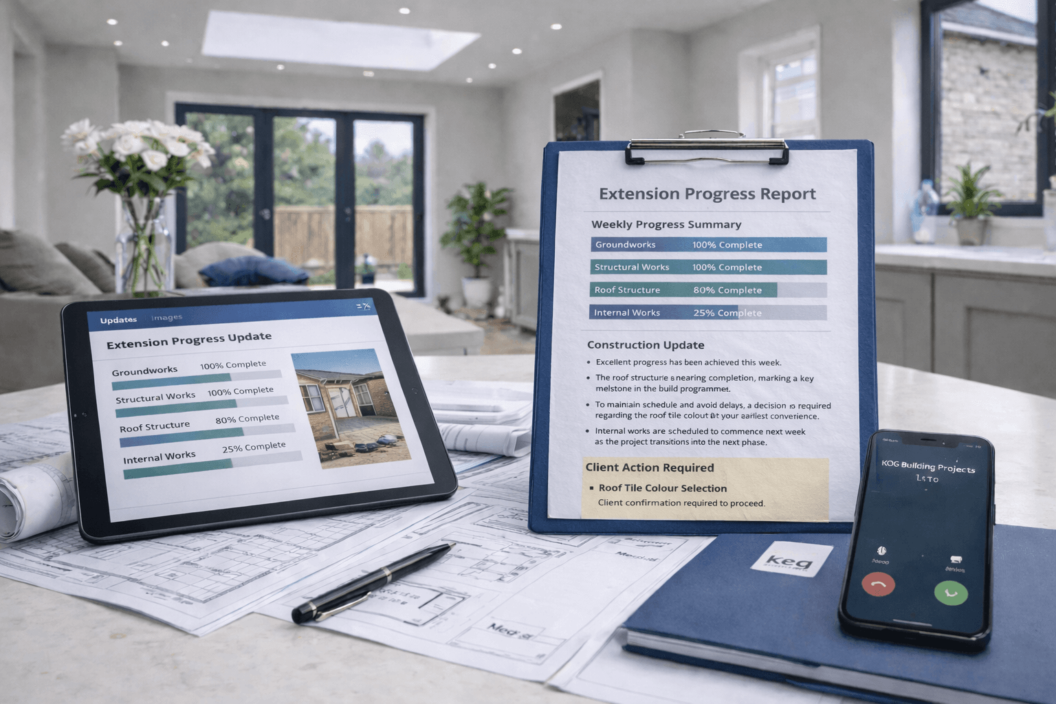 Client updates and decision support for house extensions in Grantham by KOG Building Projects Ltd